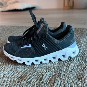 On Cloud Running Charcoal and White Sneakers